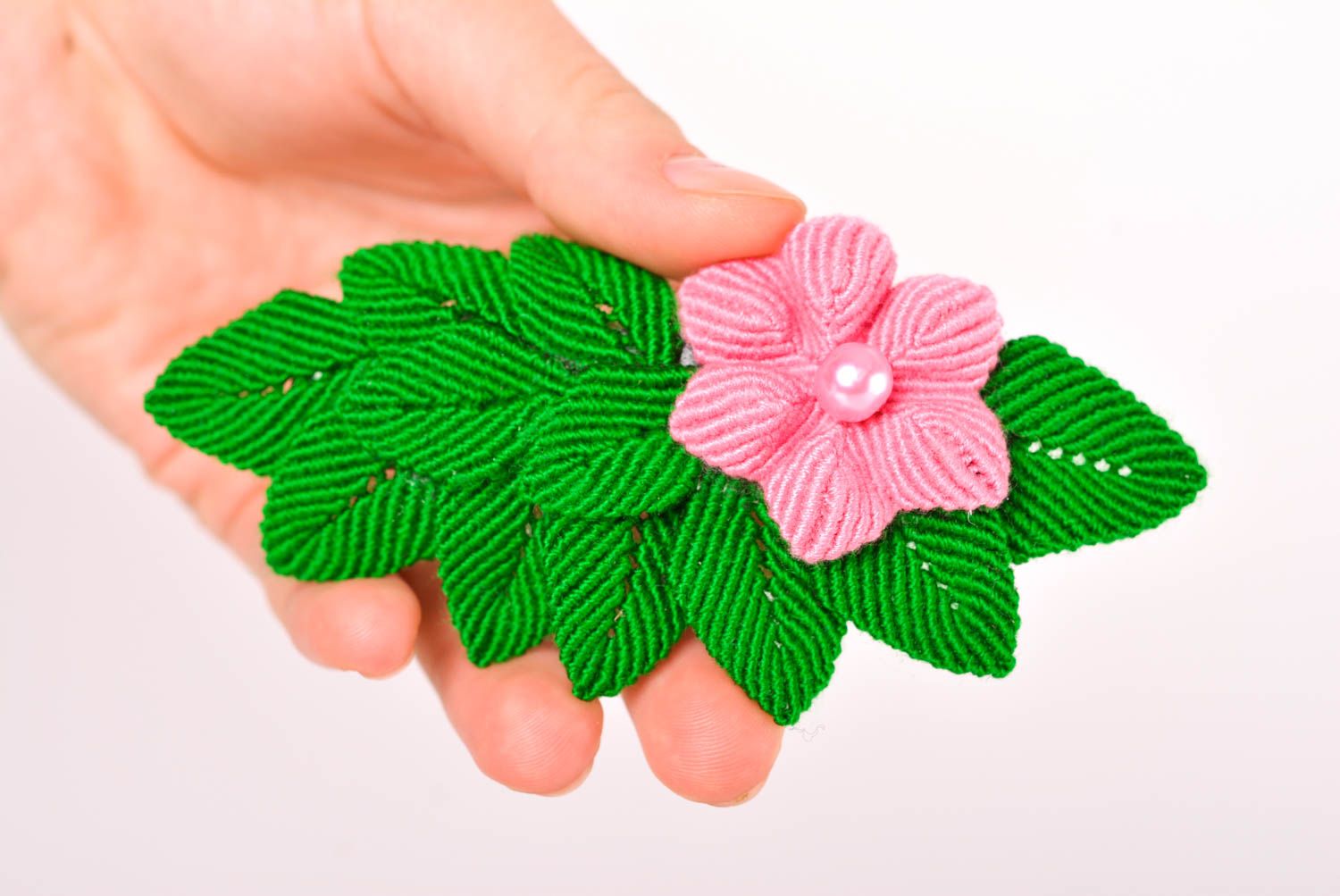 Barrette fleur faite main Accessoire cheveux vert-rose fil de coton Cadeau femme photo 2