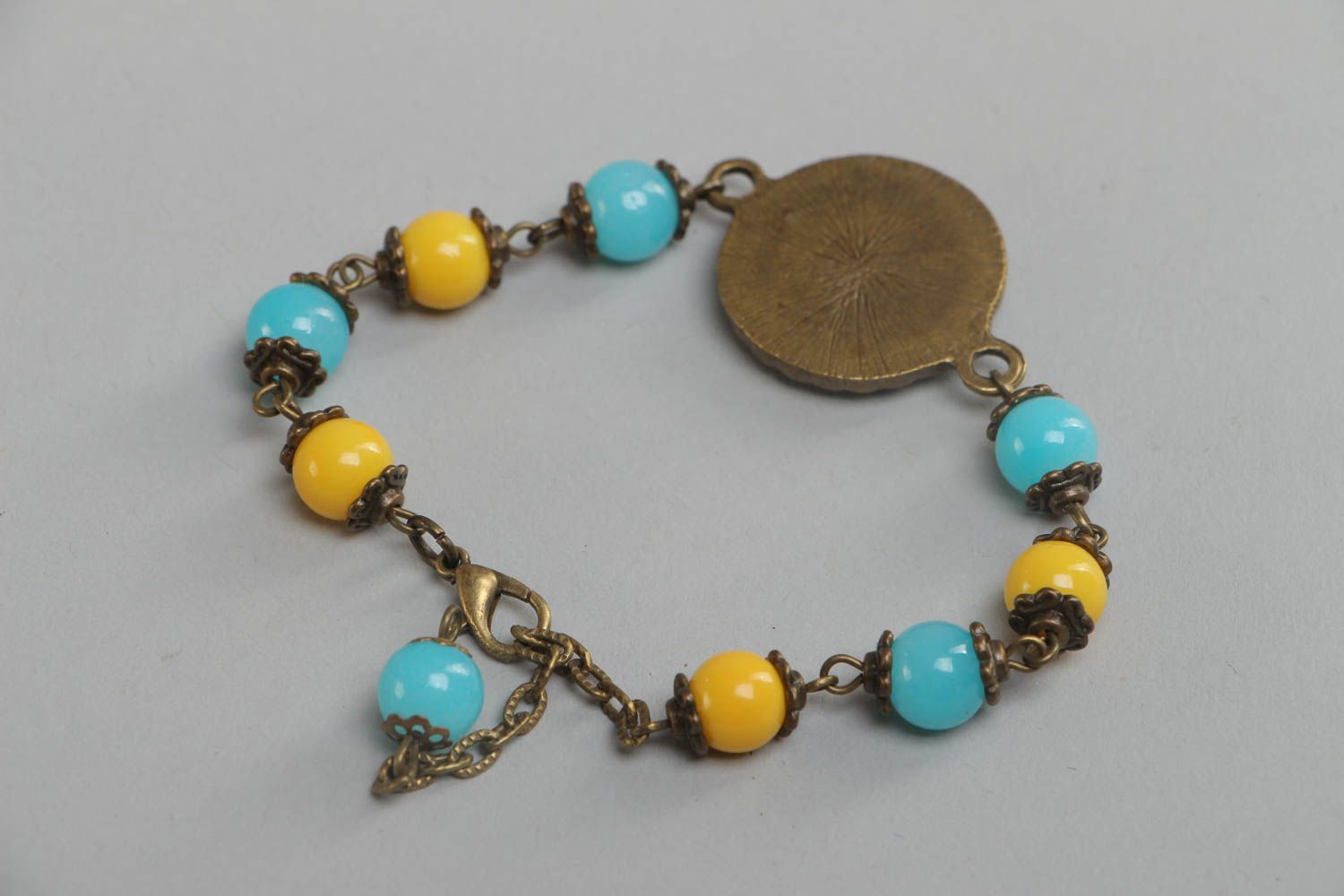 Handmade blue and yellow bright glass glaze wrist bracelet in Ukrainian style photo 4