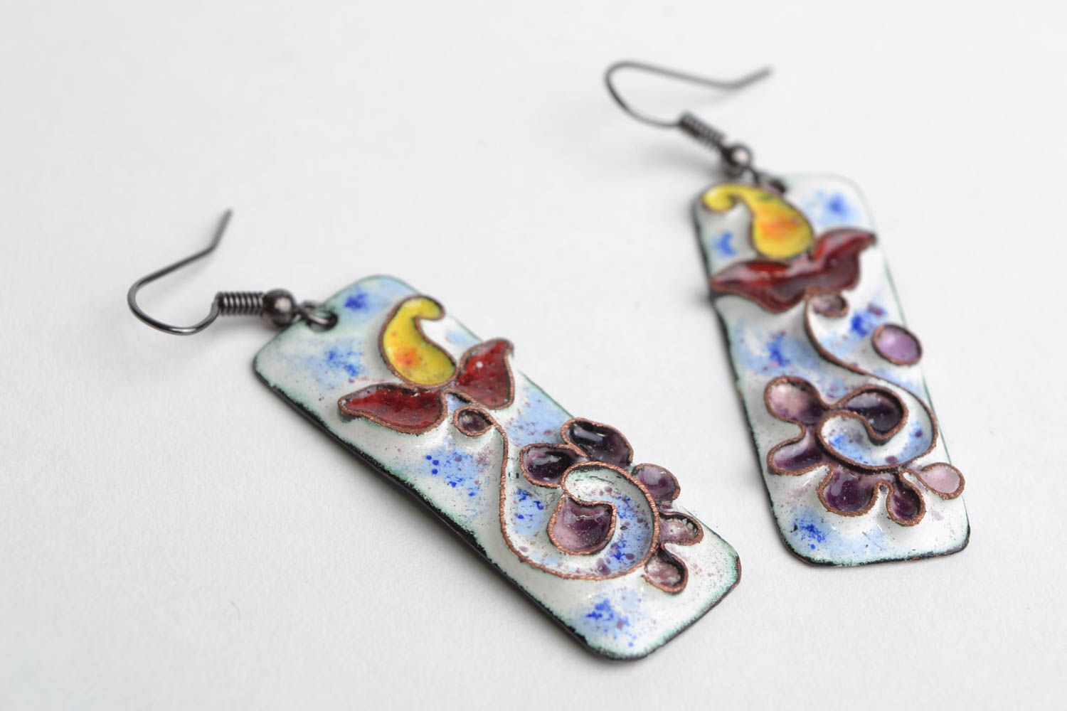 Handmade rectangular colorful enameled copper dangling earrings with flowers photo 3