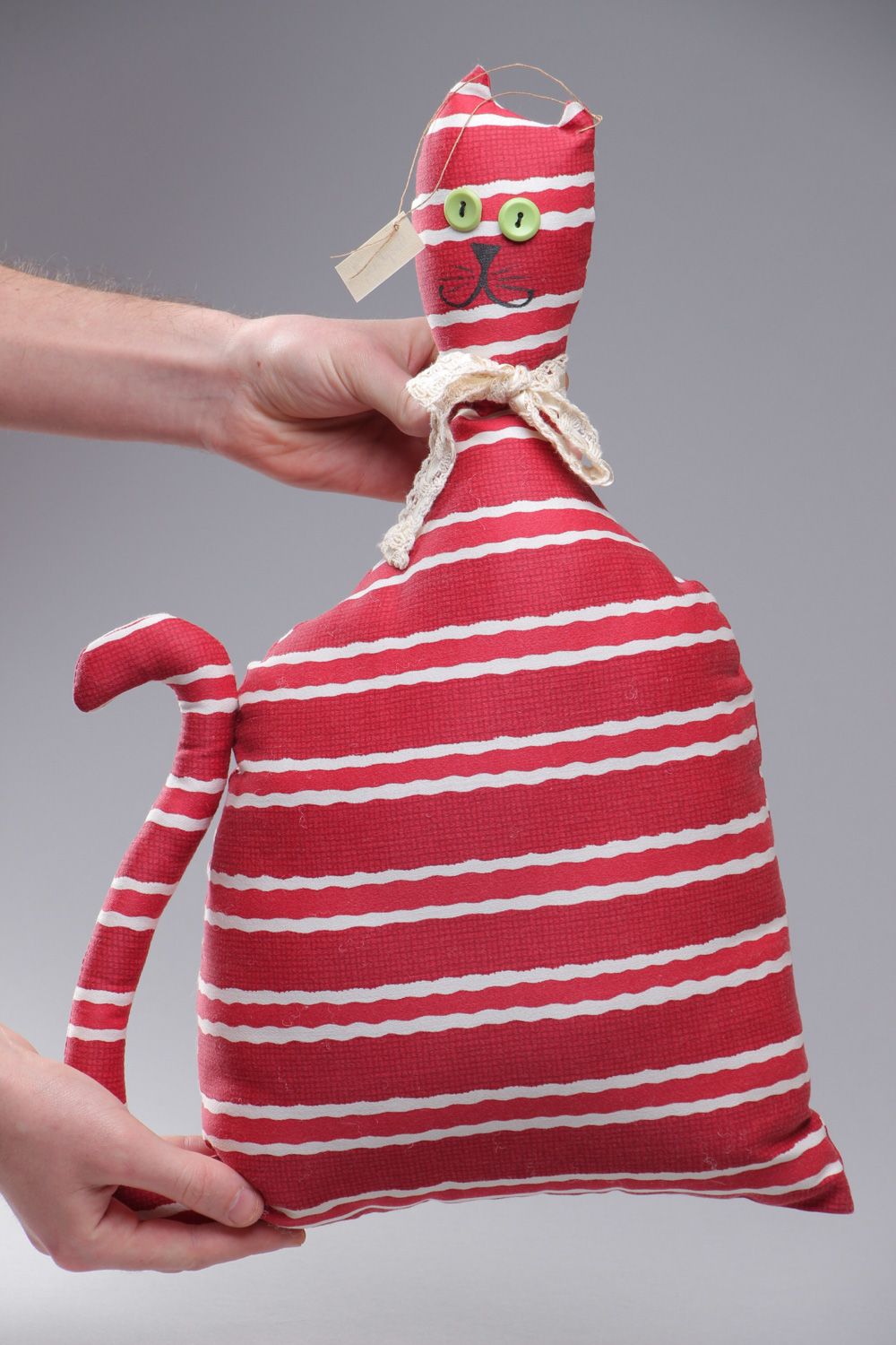 Интерьерная игрушка-подушка из хлопковой ткани в виде красного полосатого кота фото 4