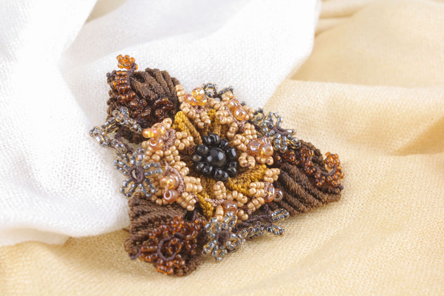Fleur macramé faite main Fourniture bijoux marron fils synthétiques Loisirs créatifs photo 1