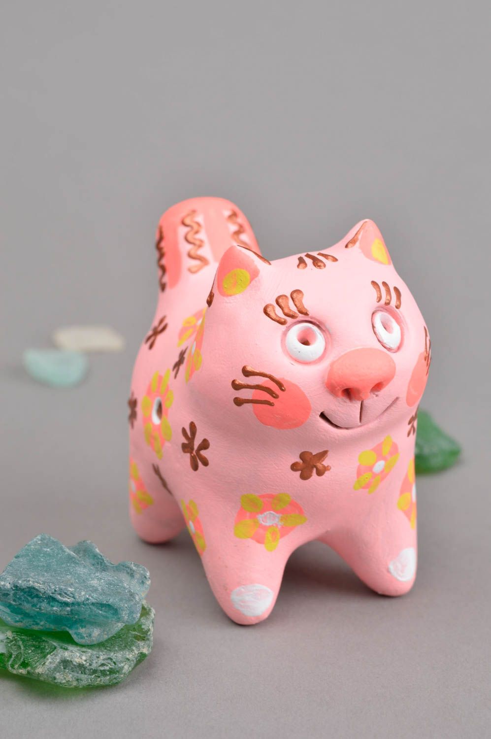 Sifflet jouet fait main Instrument de musique Figurine chat rose d'argile photo 1