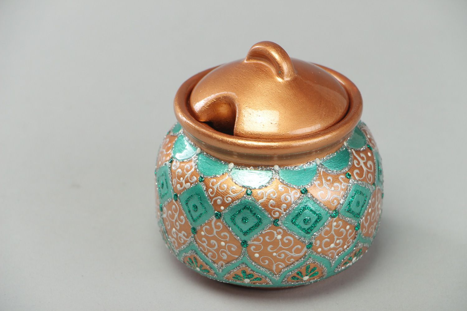 Handmade ceramic sugar bowl with lid for 250 ml decorated with painting photo 1