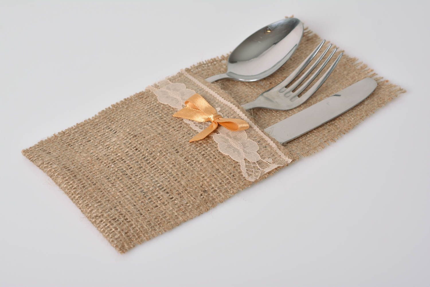 Künstlerische Öko handmade Bestecktasche aus Stoff Sackleinen für Tischservieren foto 2