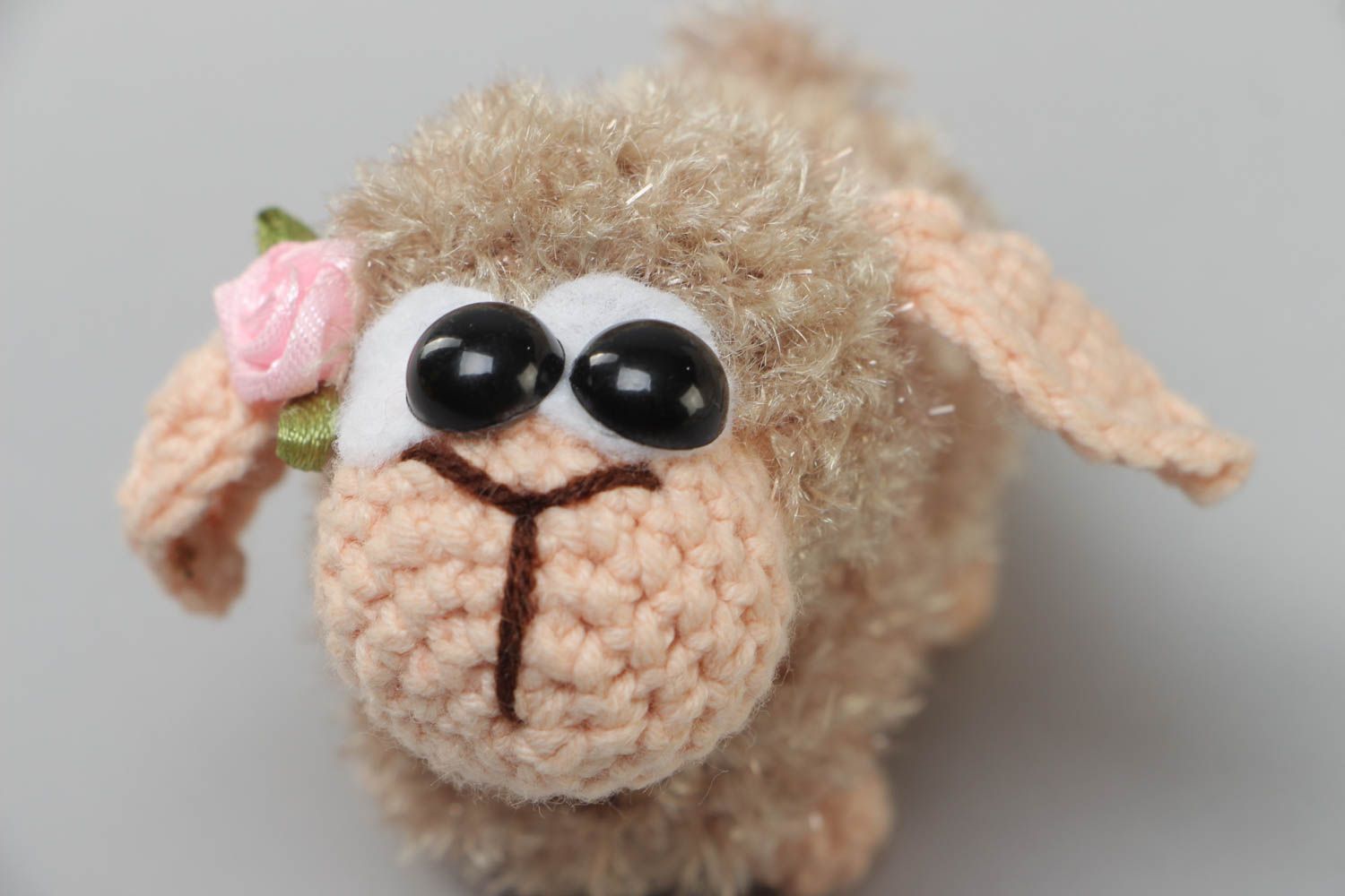 Handmade small soft toy crocheted of acrylic threads beige lamb for children photo 3
