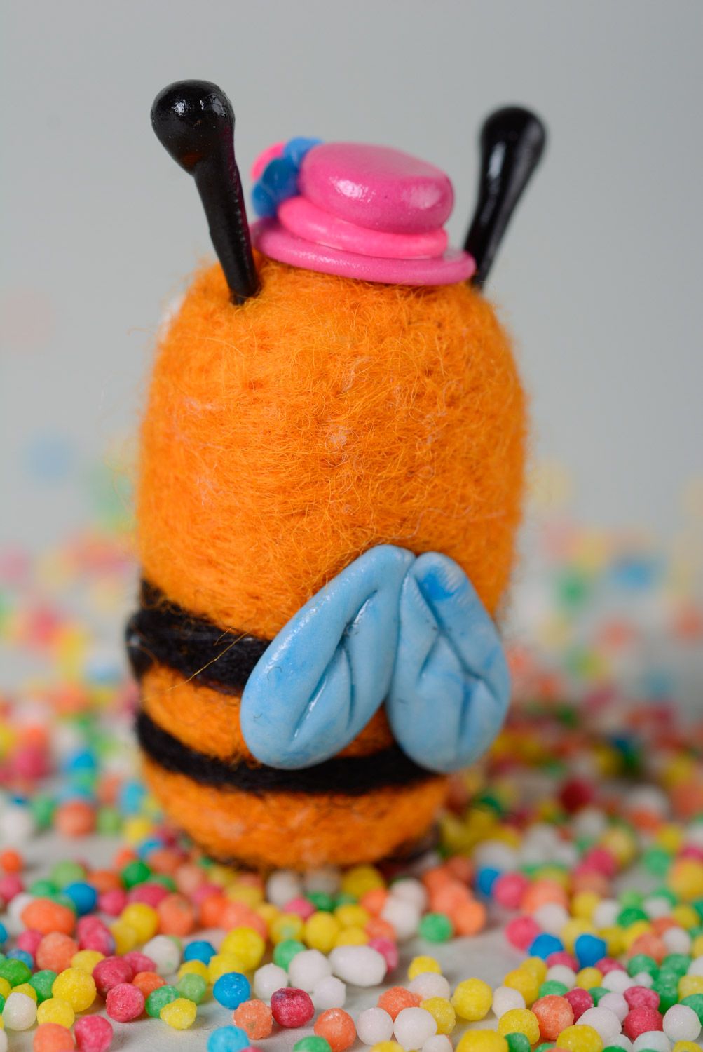 Miniature felted wool toy made with polymer clay elements funny cute Bee photo 4