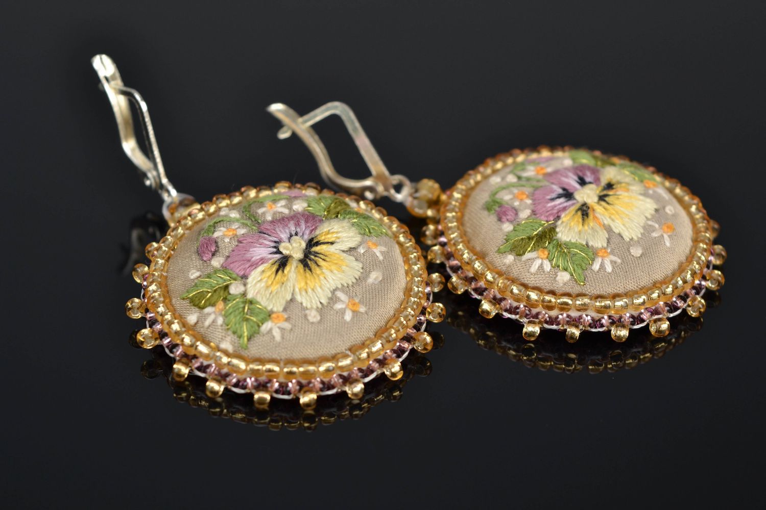 Round satin stitch embroidered earrings Pansies photo 1