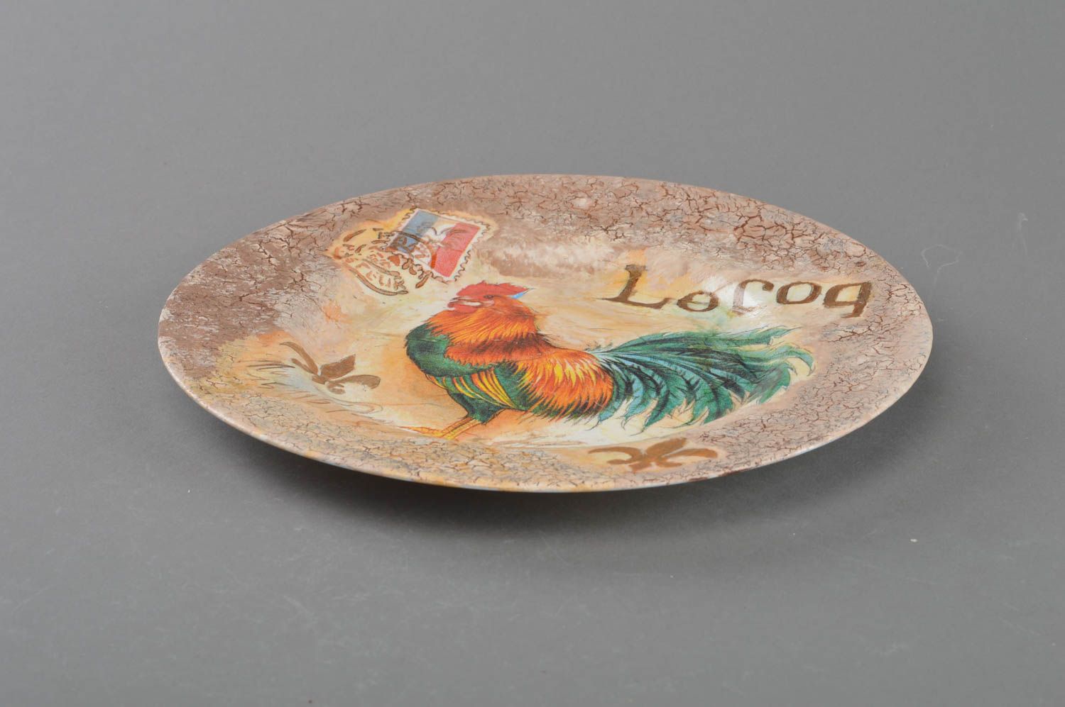 Beautiful handmade designer decoupage glass wall plate for home decor Rooster photo 2