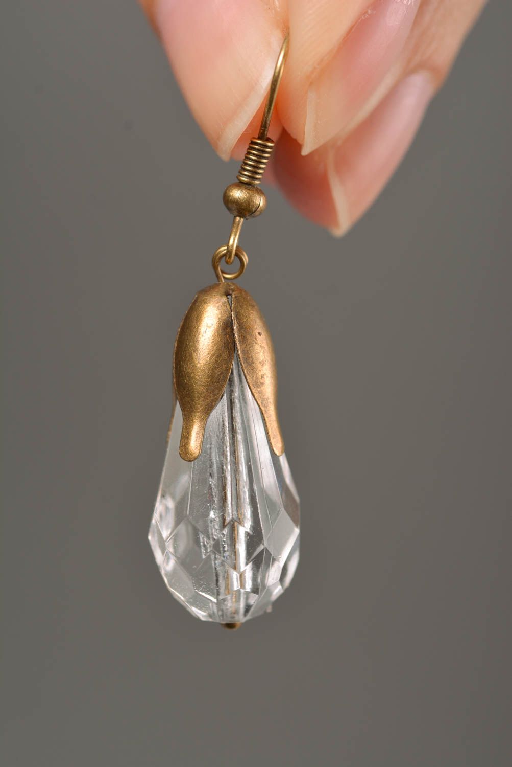 Handmade metal dangle earrings with transparent drop shaped plastic beads photo 2