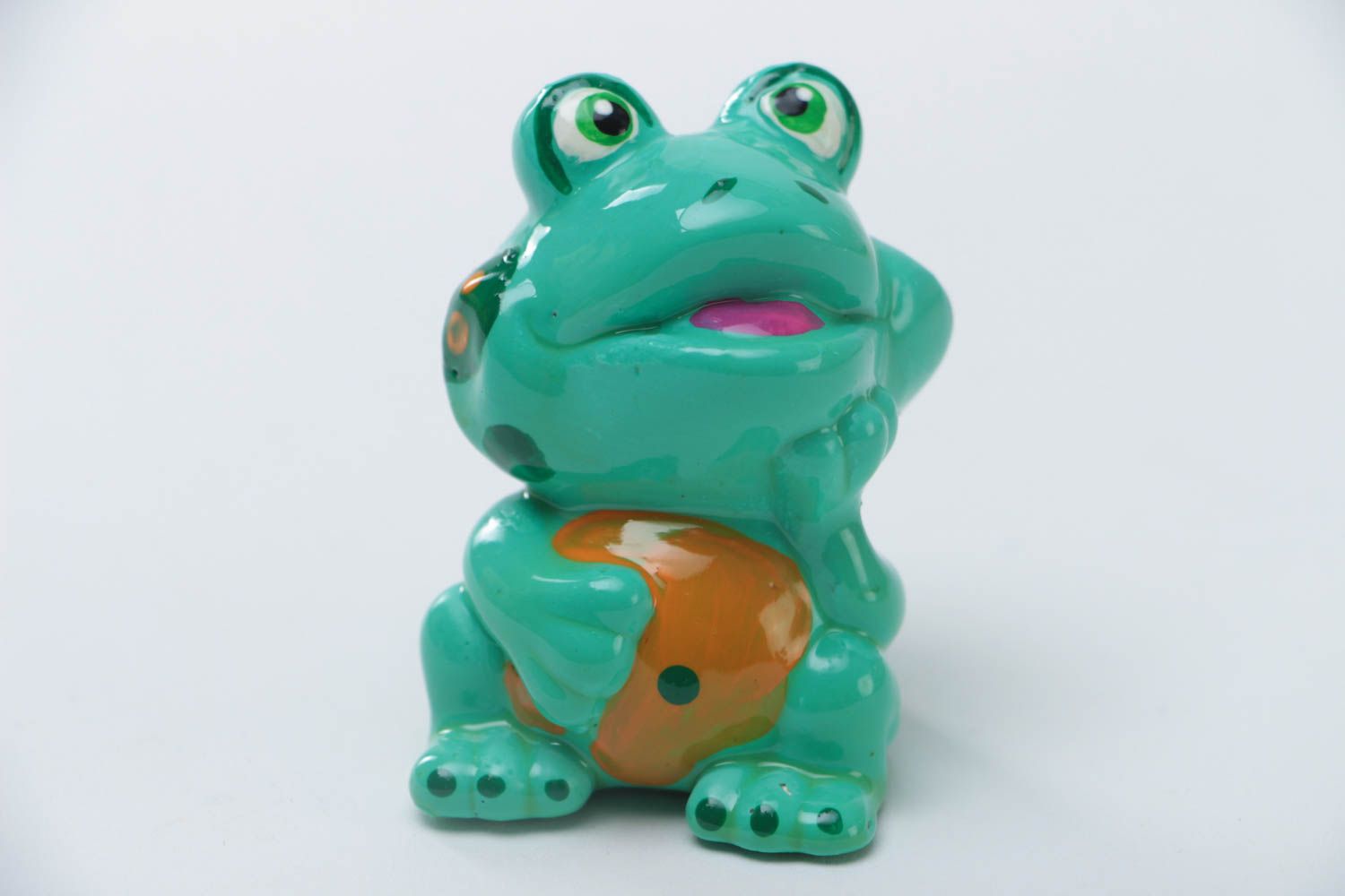 Beautiful handmade designer plaster statuette painted with acrylics green frog photo 3
