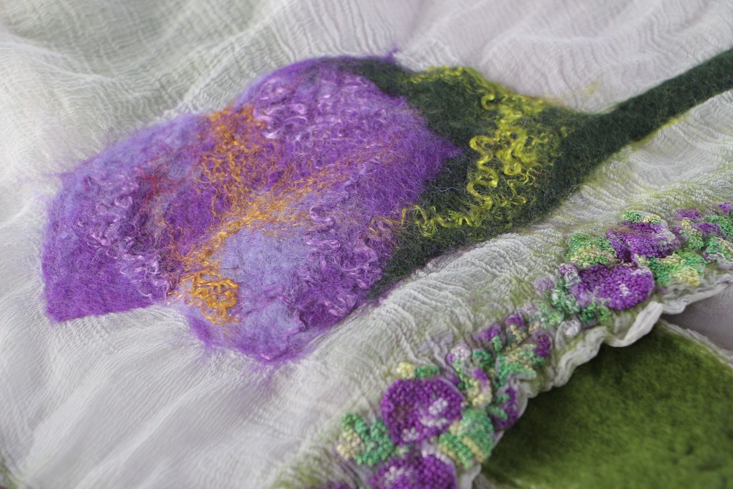 Handmade silk and chiffon scarf with violet felted wool flowers for women photo 3
