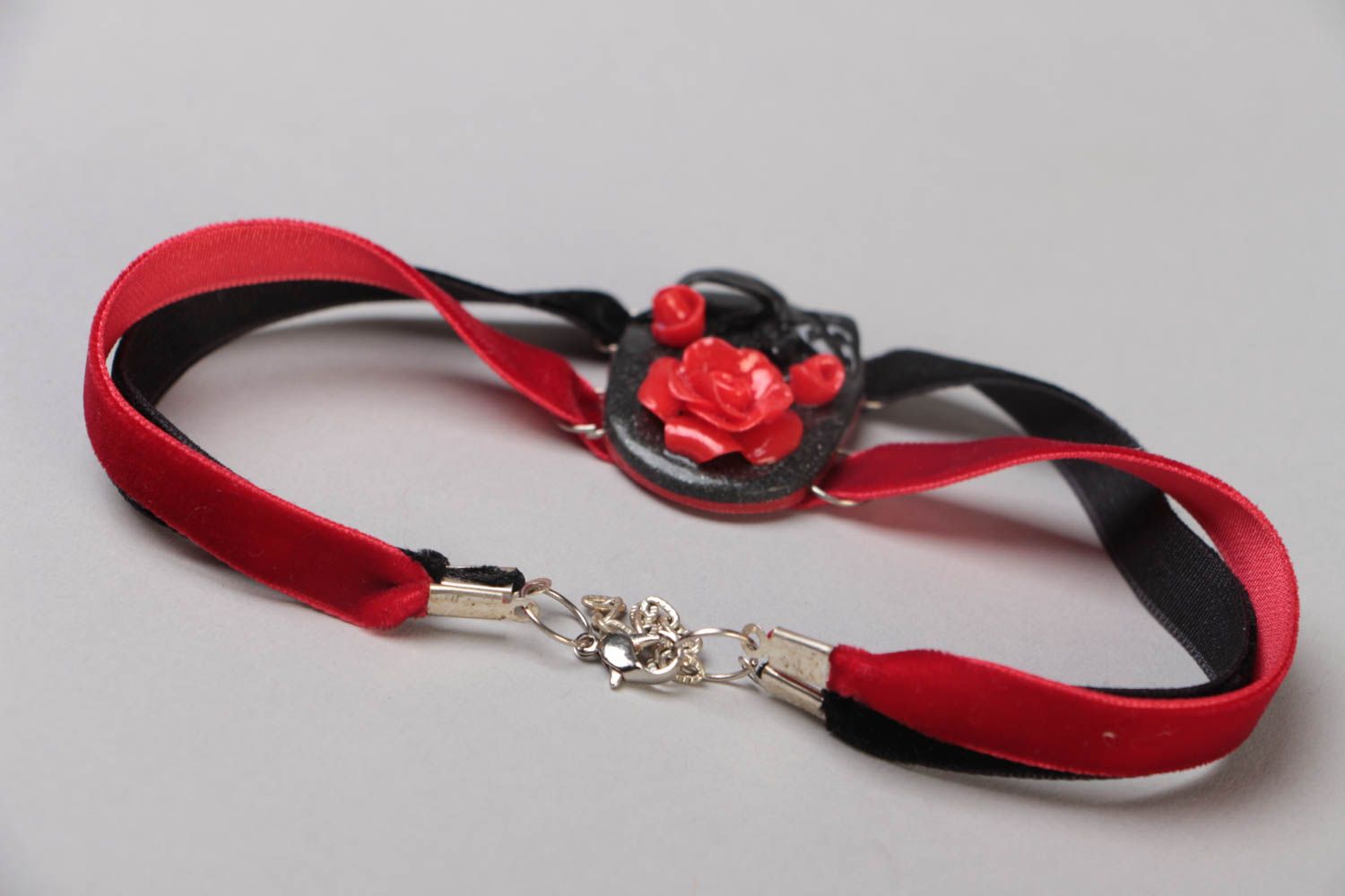 Handmade black and red collar necklace with ribbons and polymer clay element  photo 4