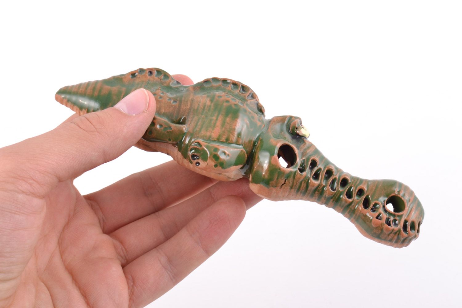 Handmade small souvenir ceramic figurine of crocodile painted with glaze photo 2