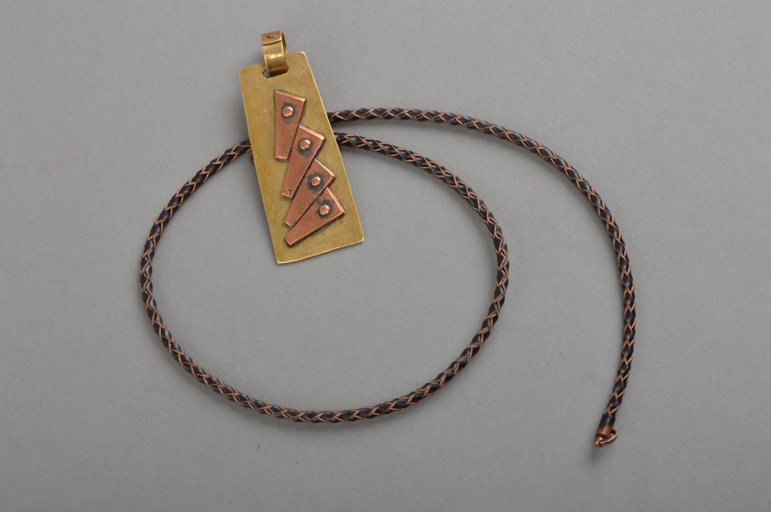 Metal pendant handmade copper accessory stylish brass jewelry on long cord photo 2