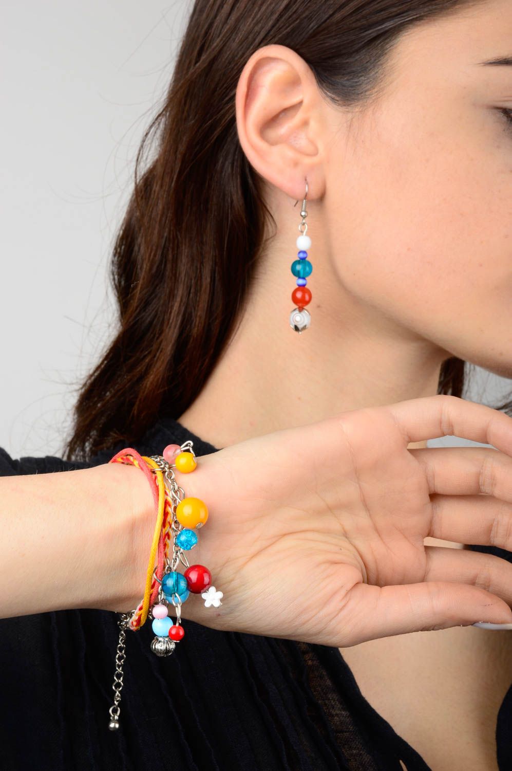 Parure bijoux Boucles d'oreilles pendantes Bracelet fait main fils perles photo 2