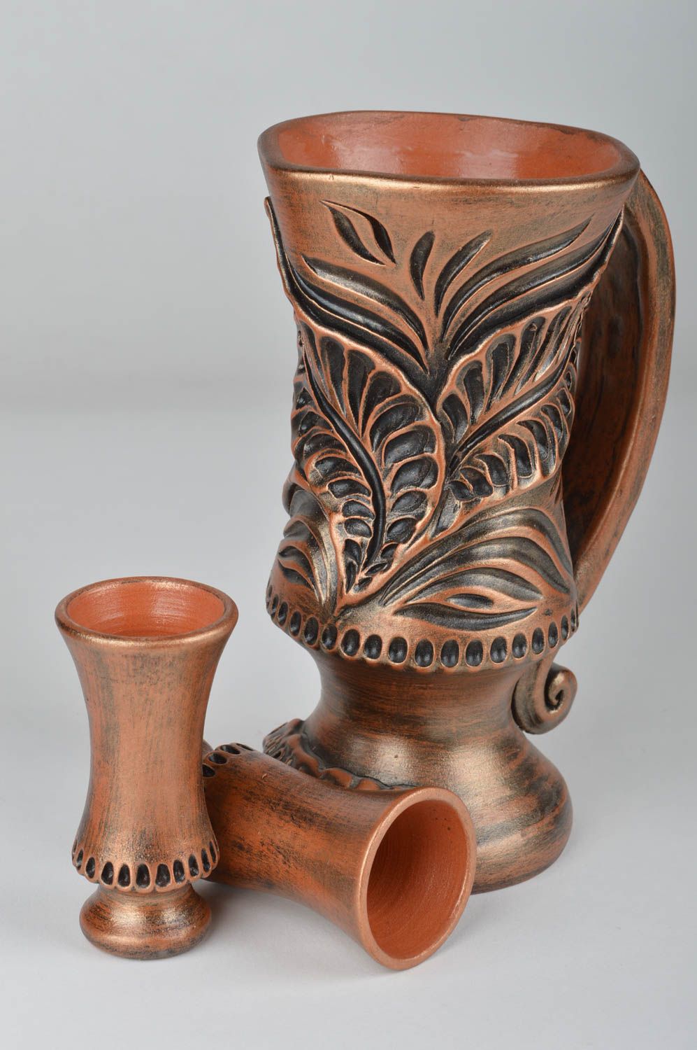 Großer Keramik Kelch mit Muster 1L und handmade Trinkbecher aus rotem Ton 50 ml foto 3