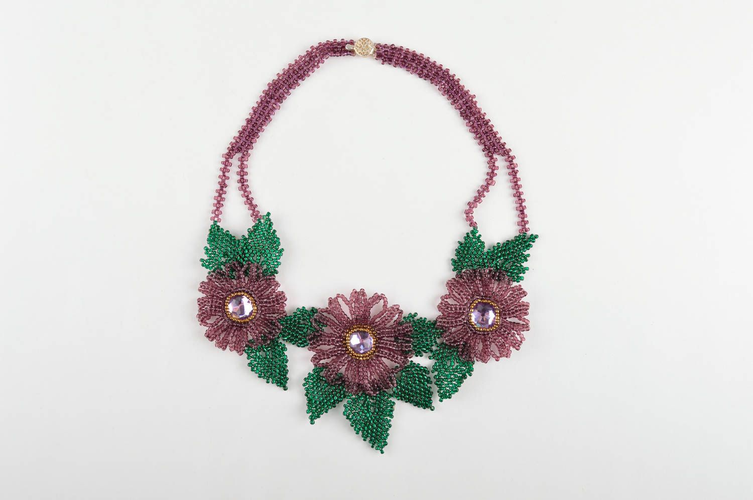 Collier en perles de rocaille Bijou fait main fleurs violettes Accessoire femme photo 2