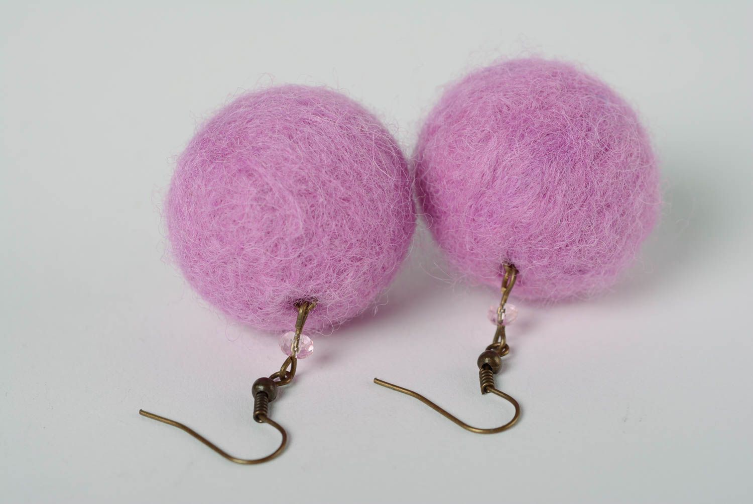 Beautiful handmade designer felted wool ball earrings of lilac color photo 2