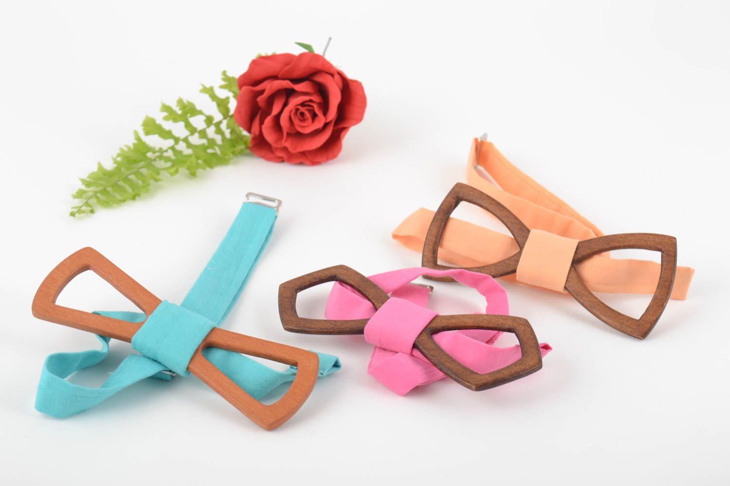 Set of 3 handmade unusual beautiful designer wooden bow ties colorful photo 1