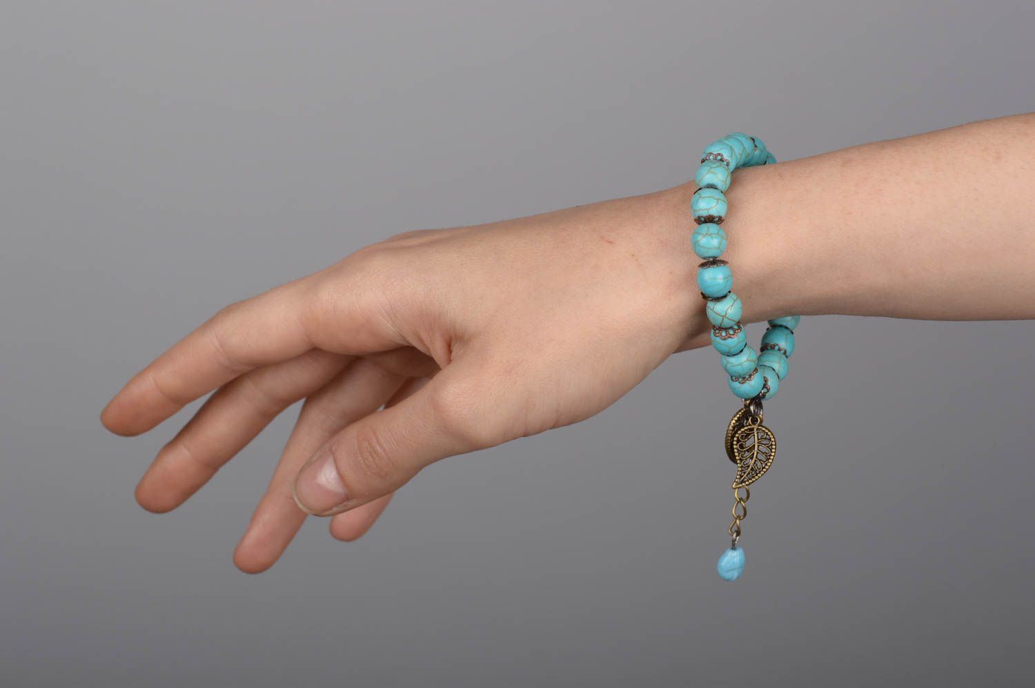 Malachite gemstone strand bracelet with bronze charms for her photo 5