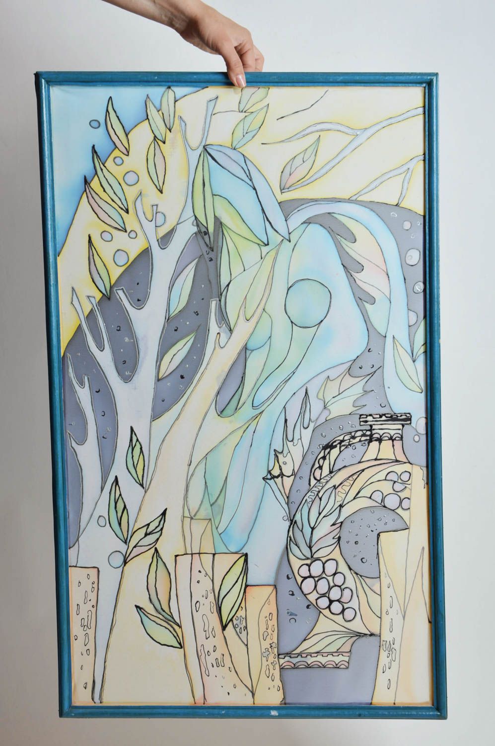 Tableau triptyque abstrait batik à froid sur tissu fait main tons bleus photo 2