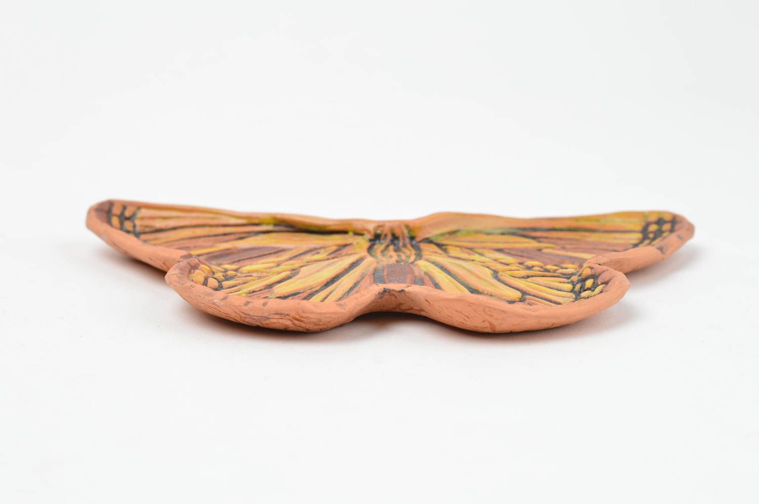 Декоративная керамическая тарелка ручной работы в форме бабочки желтая фото 2