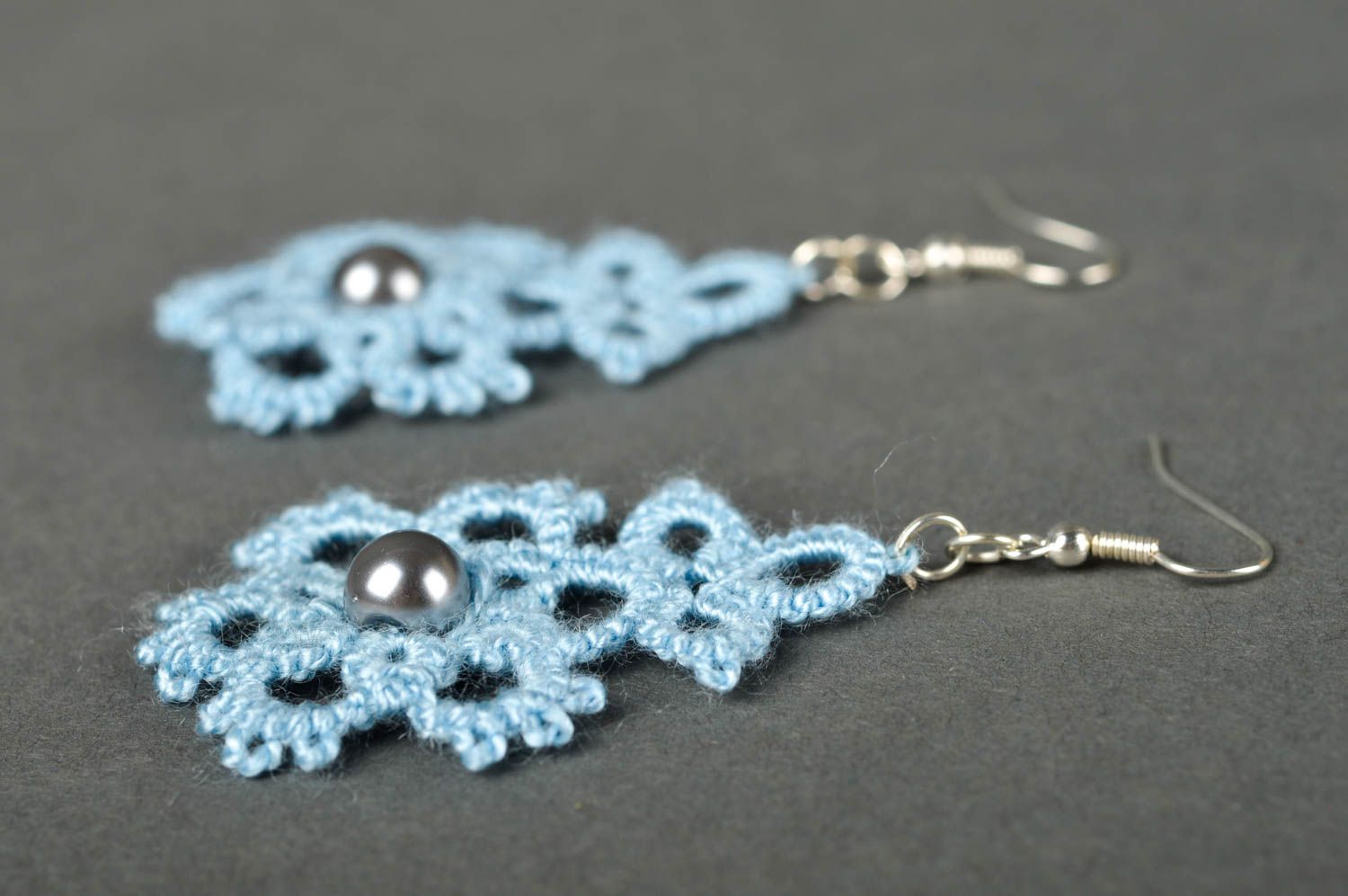 Handmade lace earrings stylish blue jewelry unusual designer accessories photo 3