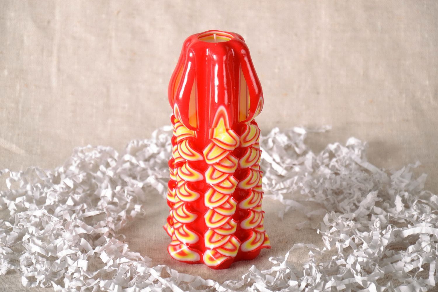 Carved paraffin wax candle Red cone photo 4