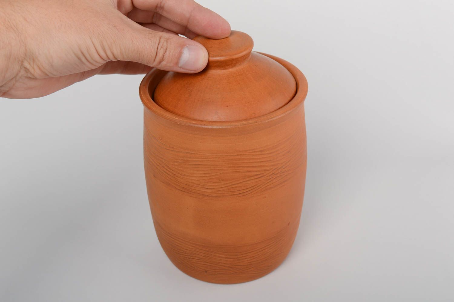 Beautiful handmade designer terracotta clay pot with lid for bulk products photo 5