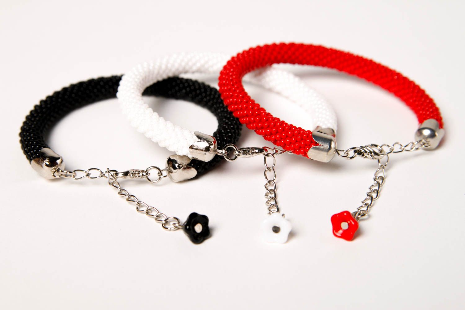Handmade three-row beaded cord bracelet in black, red, and white colors photo 4