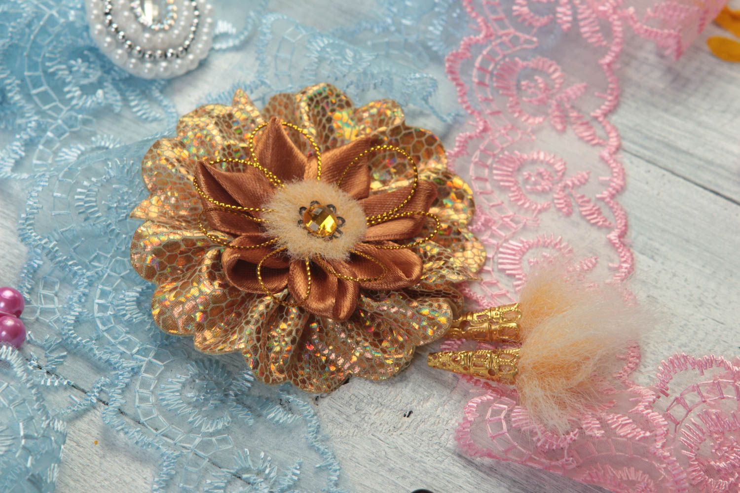 Flower brooch handmade jewelry kanzashi flowers designer accessories gift ideas photo 1