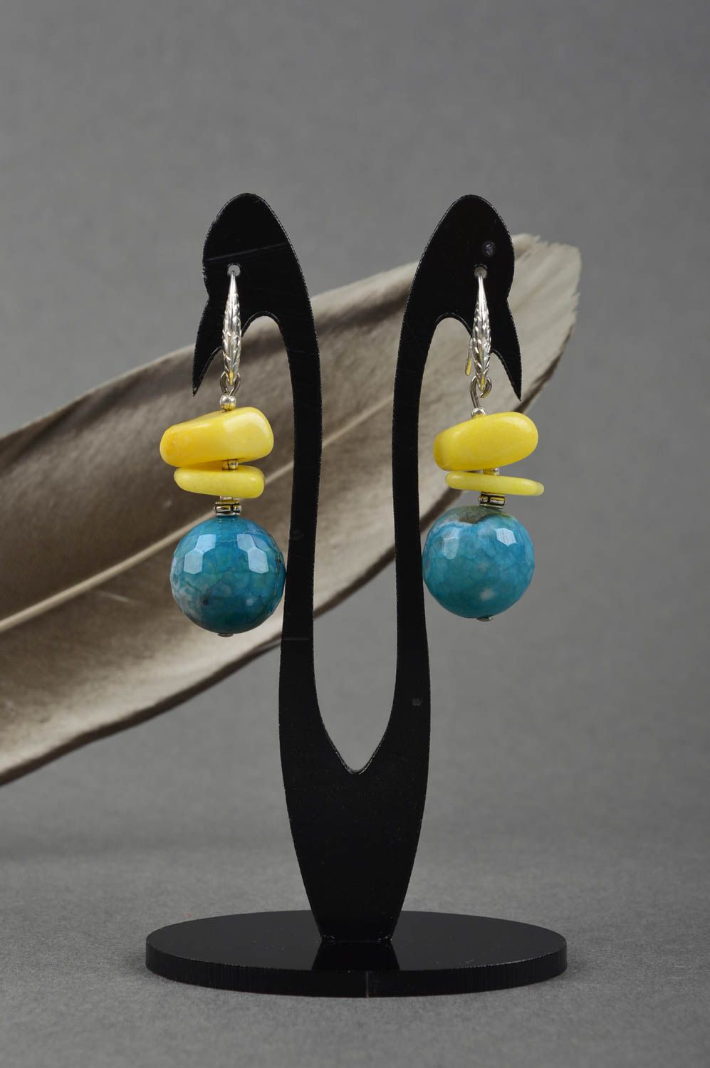 Boucles d'oreilles agate Bijou fait main jaune-bleu design Cadeau pour femme photo 1