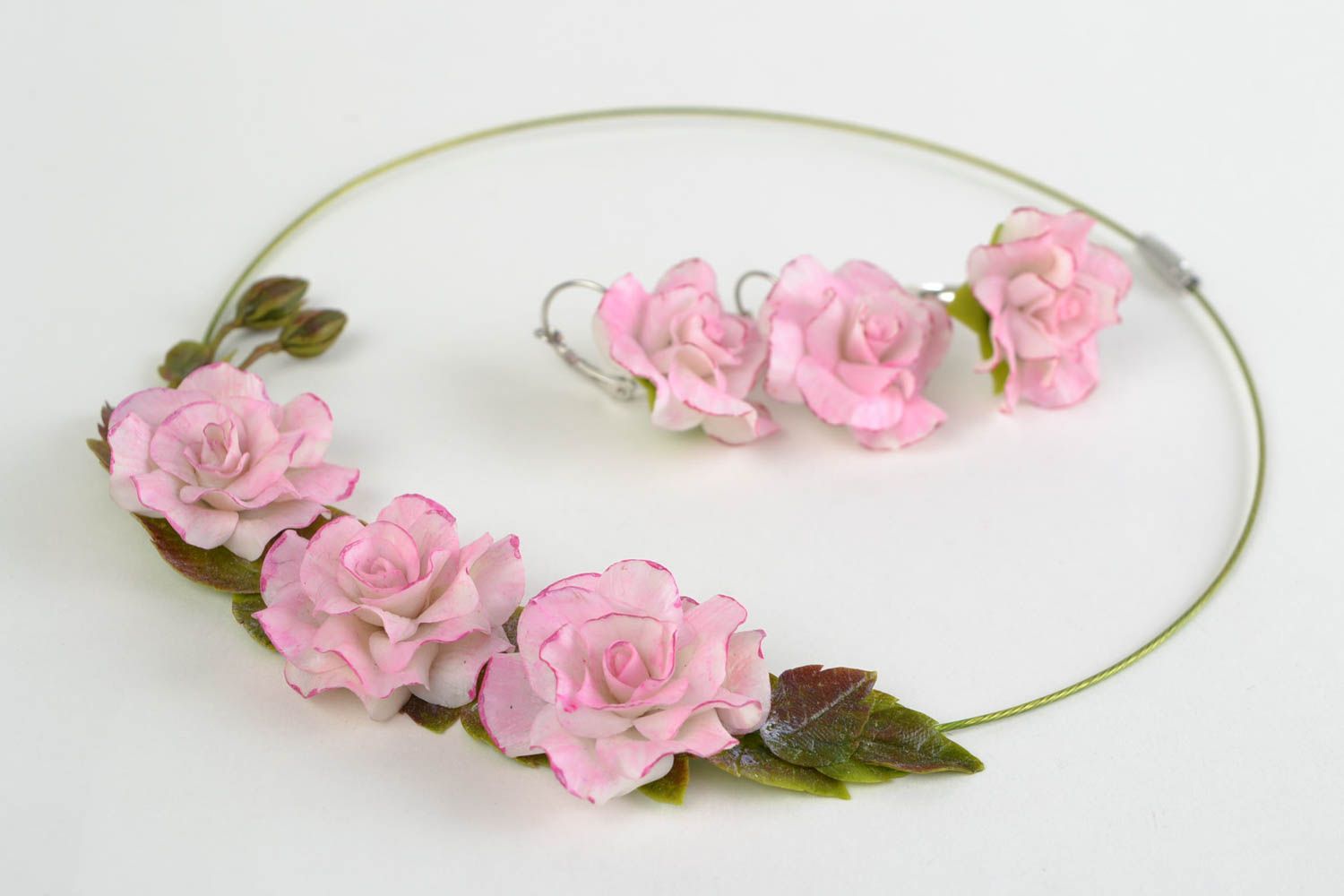 Cold porcelain flower jewelry set 3 pieces handmade earrings necklace and ring photo 2