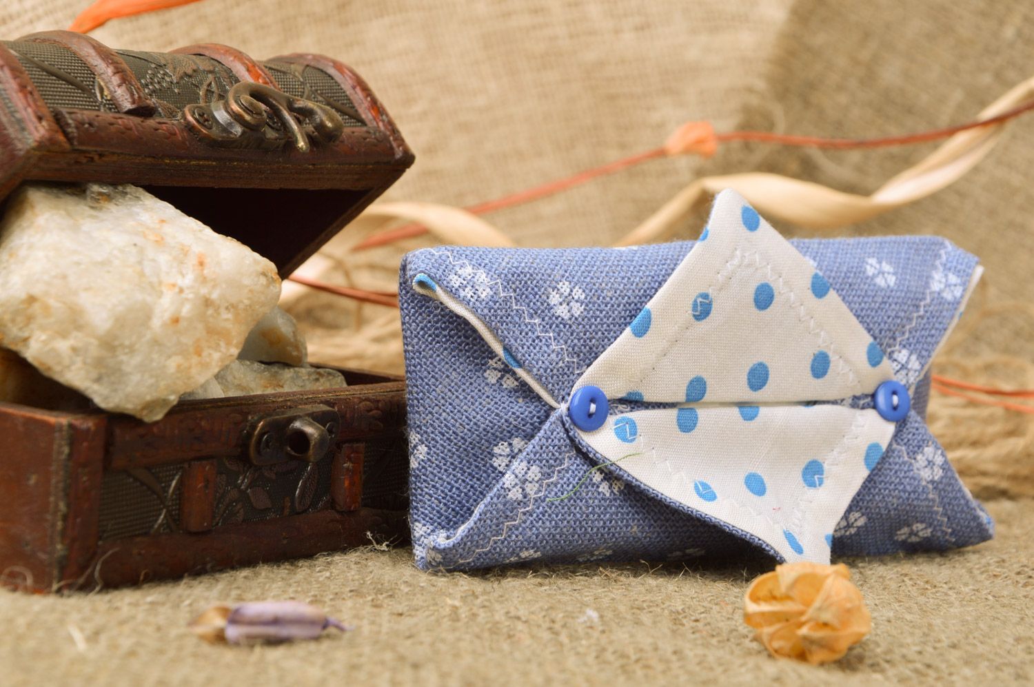 Handmade travel bag for napkins sewn of blue cotton fabric with napkins  photo 1