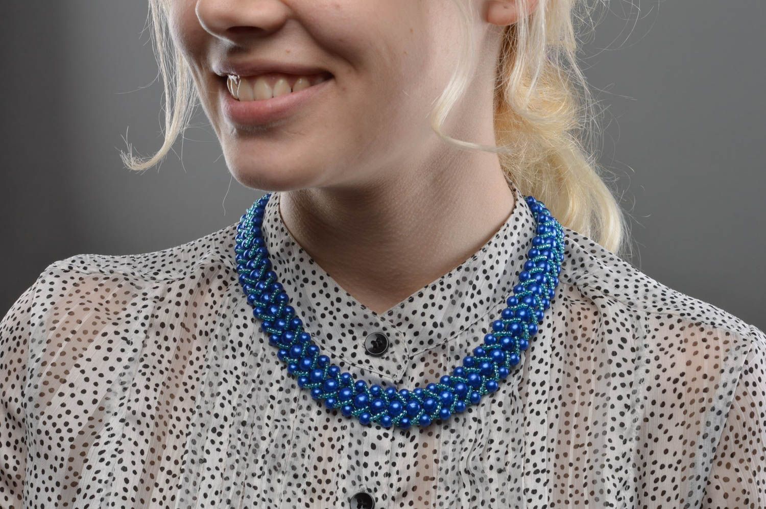 Blue handmade necklace seed beads jewelry stylish accessory for every day photo 5