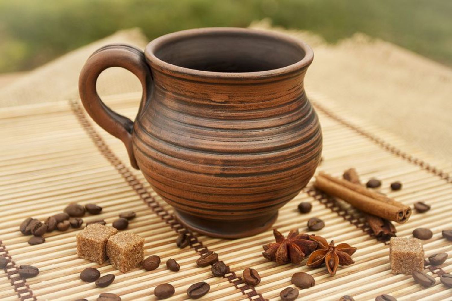 5 oz natural clay coffee cup in classic pot-shaped style with handle and rustic pattern photo 1