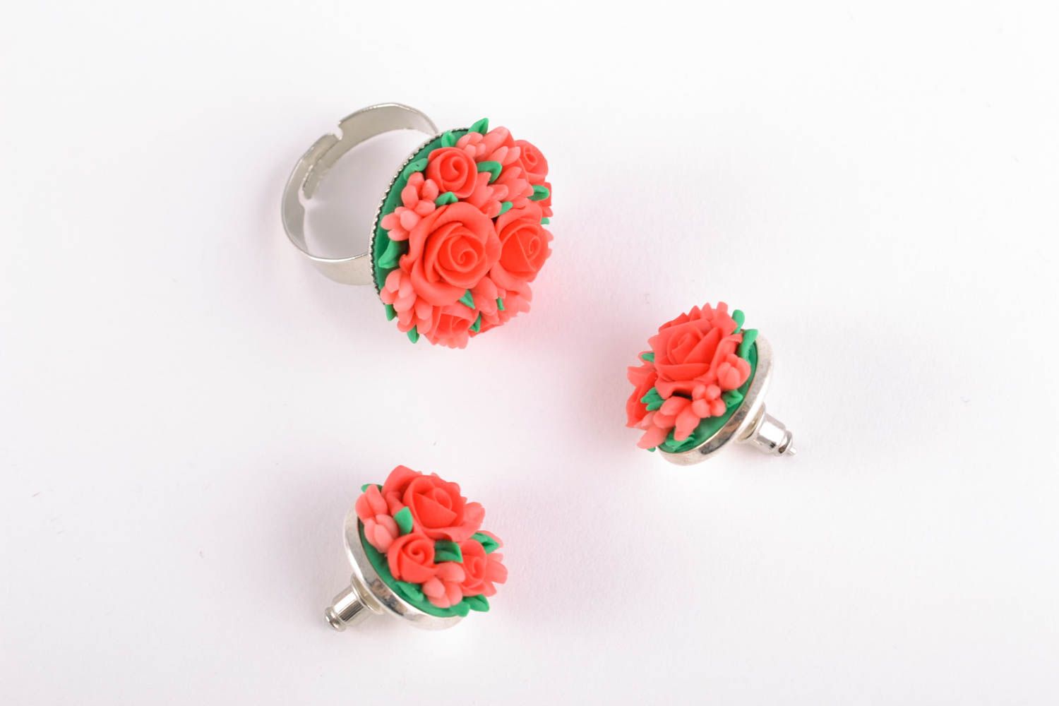 Handmade polymer clay floral jewelry set earrings and ring photo 5