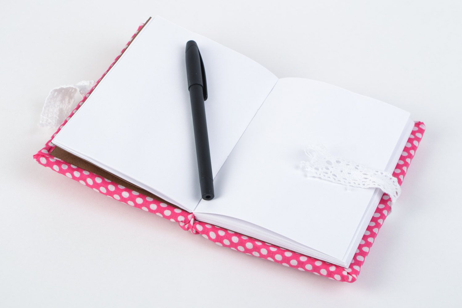 Handmade notebook with bright pink and white polka dot fabric cover for 60 pages photo 5