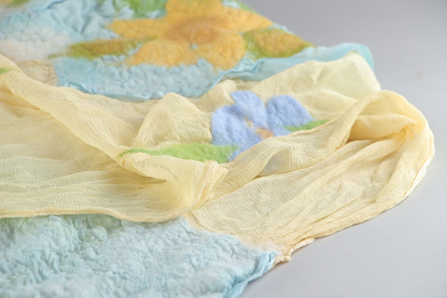Tender handmade silk and chiffon scarf with felted wool flowers in light colors photo 2