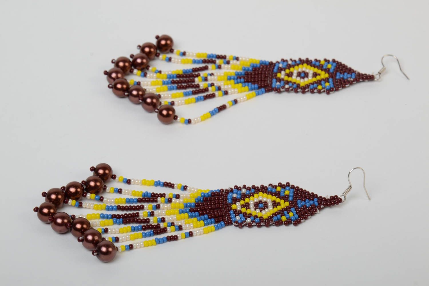 Beautiful handmade designer long earrings with beaded fringe and ethnic ornament photo 3