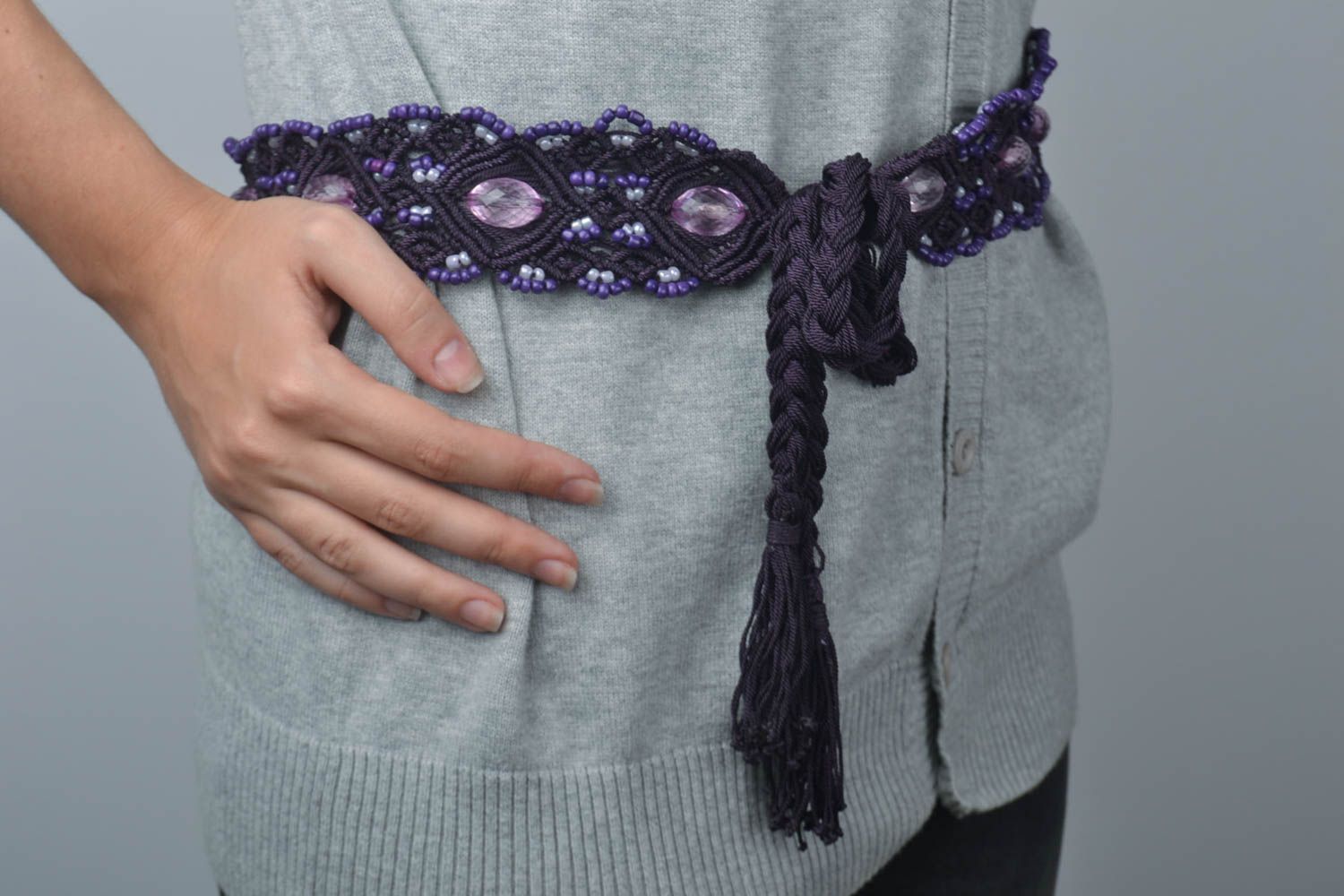 Macrame woven belt handmade beaded belt macrame accessories women belt photo 1