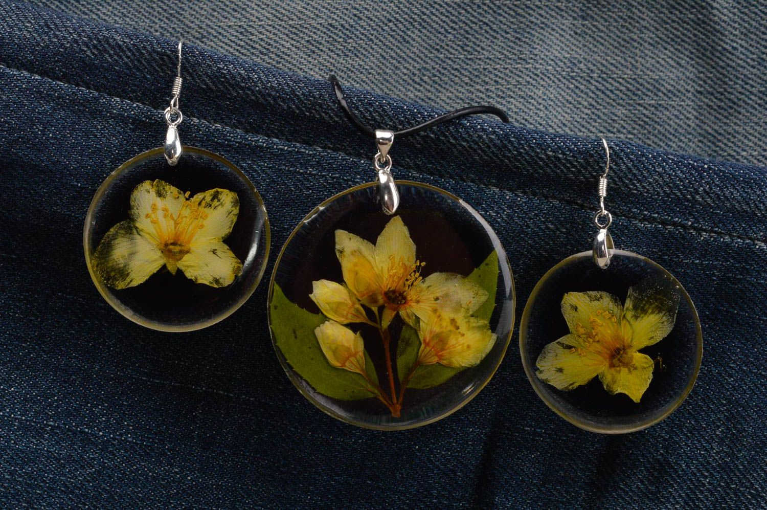 Unusual handmade jewelry set botanical earrings epoxy pendant gifts for her photo 1