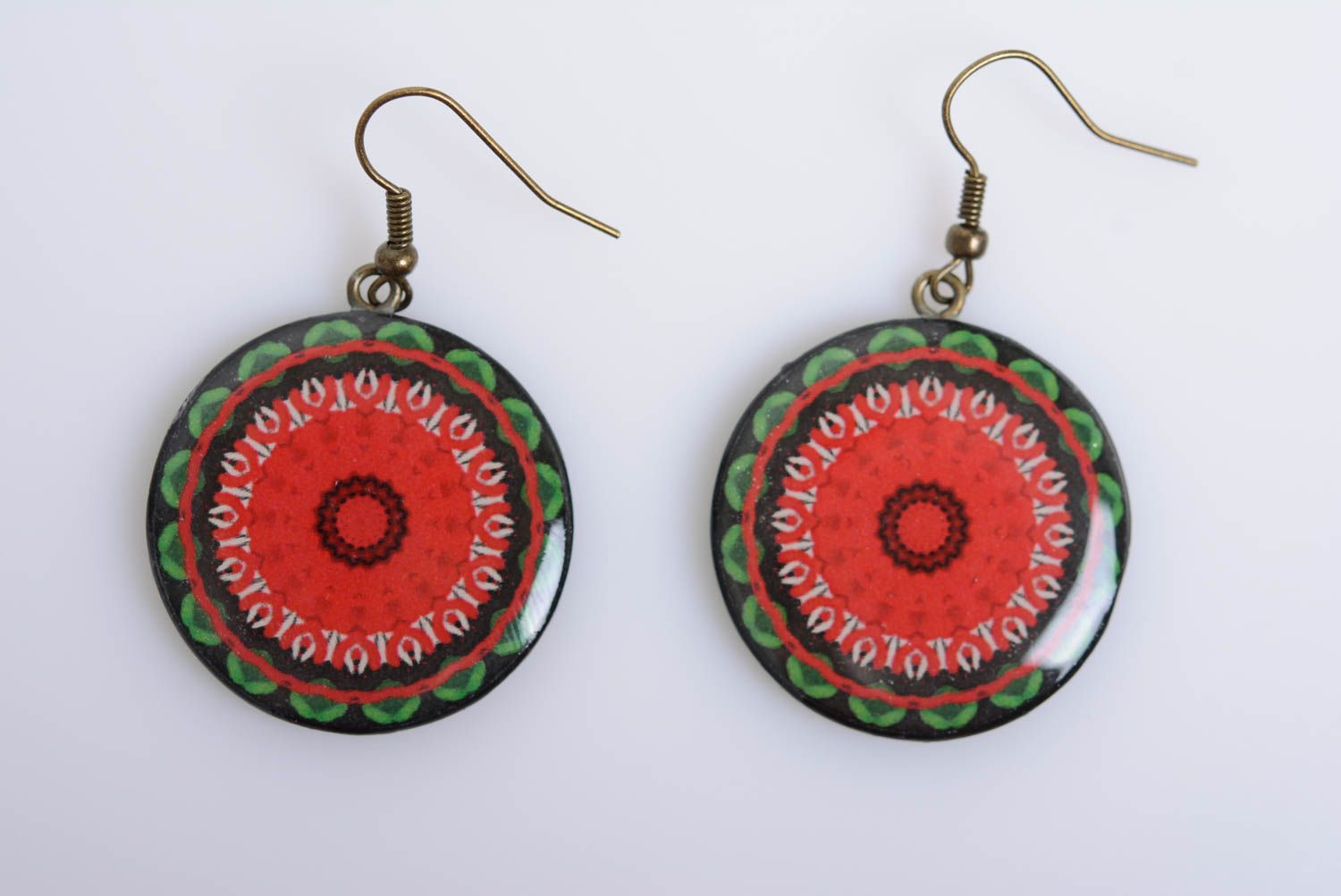 Red round handmade polymer clay earrings decorated with decoupage photo 5