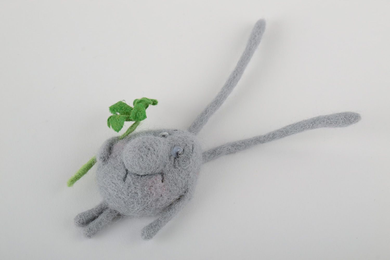 Handmade cute fridge magnet felted of natural wool gray creature with clover photo 2