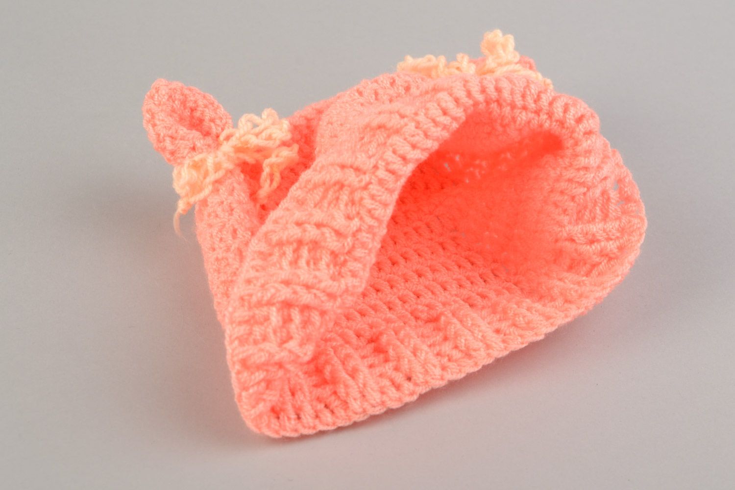 Handmade cute baby hat crocheted of pink acrylic threads with ears  photo 4