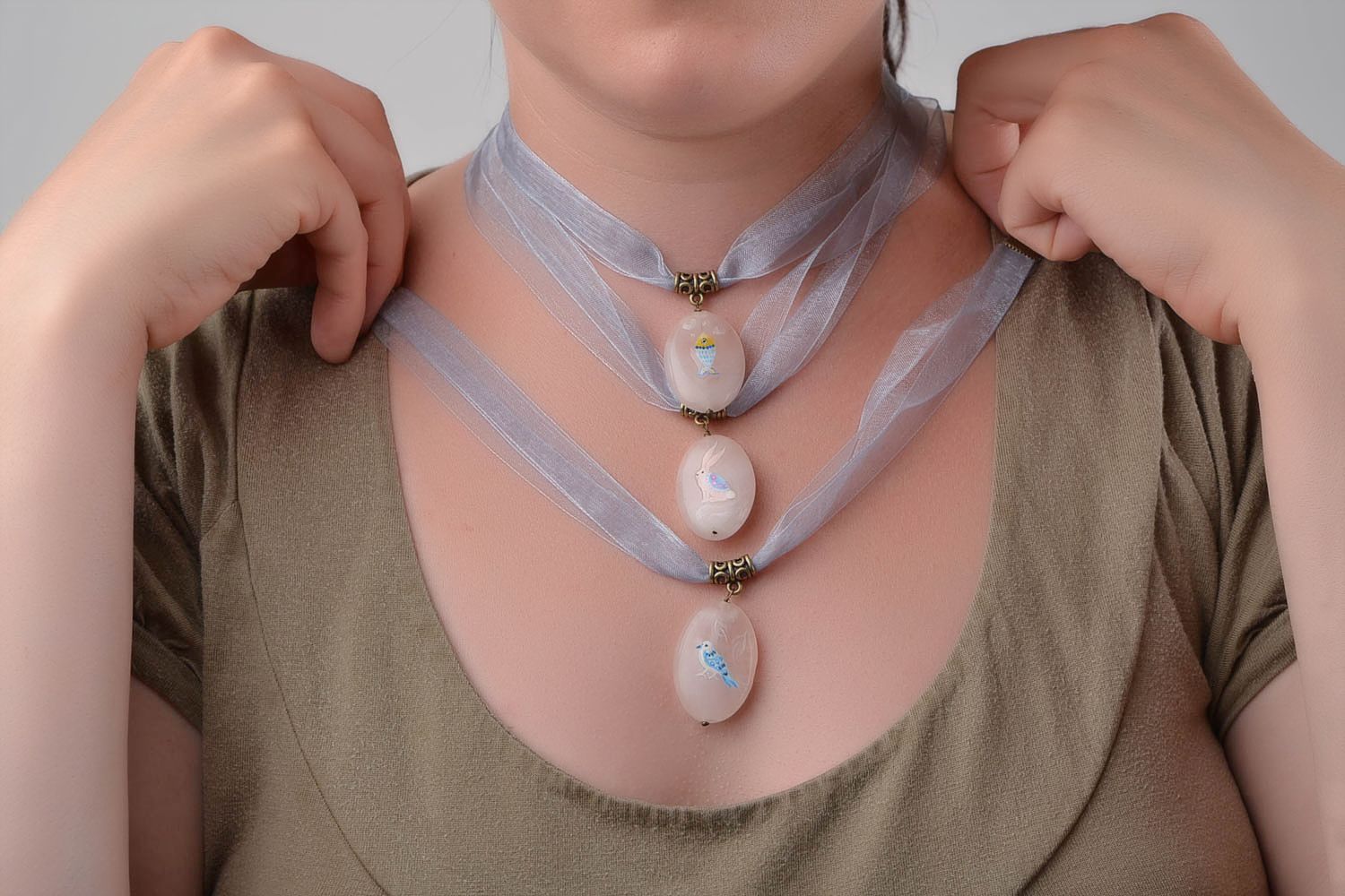 Handmade set of jewelry stylish oval pendant designer necklaces 3 pieces photo 1