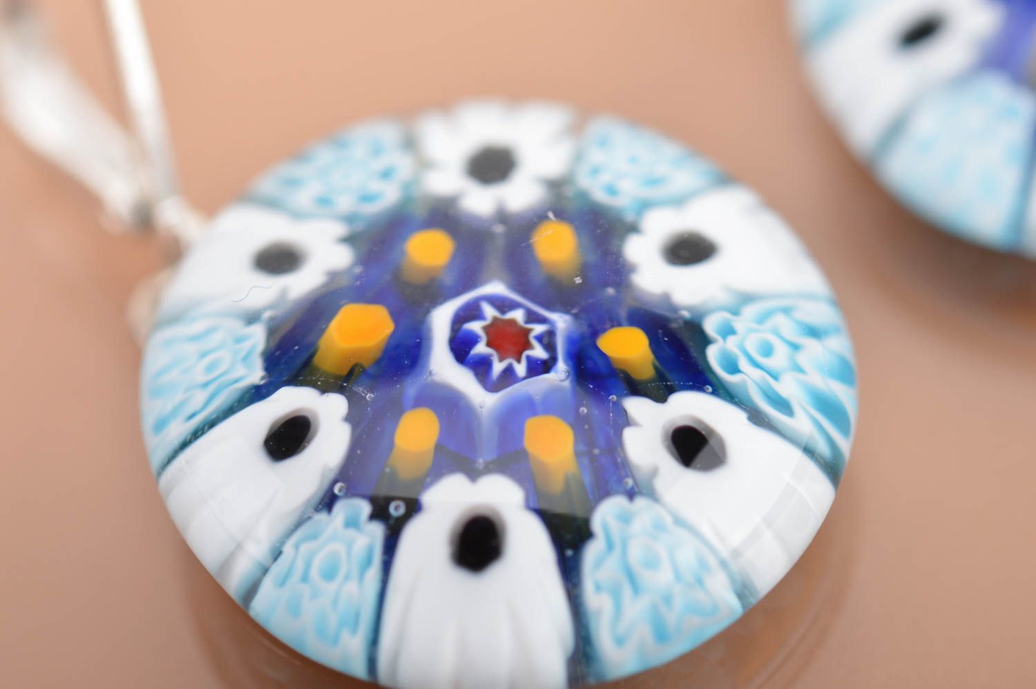 Handmade murano glass round dangle earrings blue with yellow dots photo 3