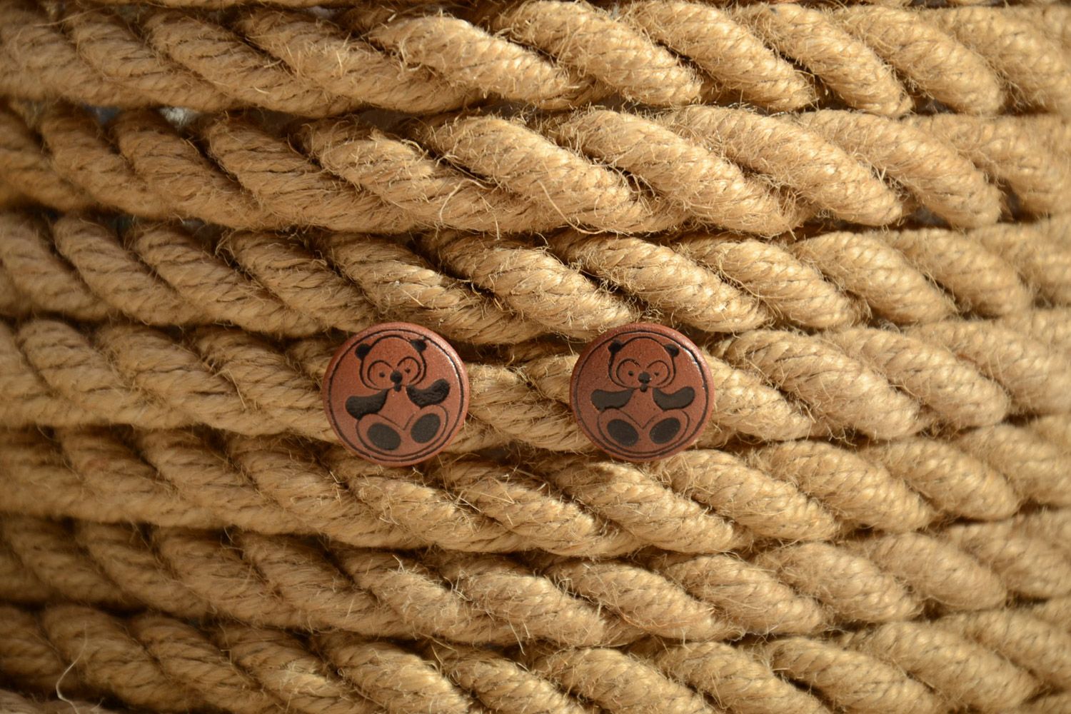Handmade small ceramic round stud earrings with color enamel Pandas photo 1