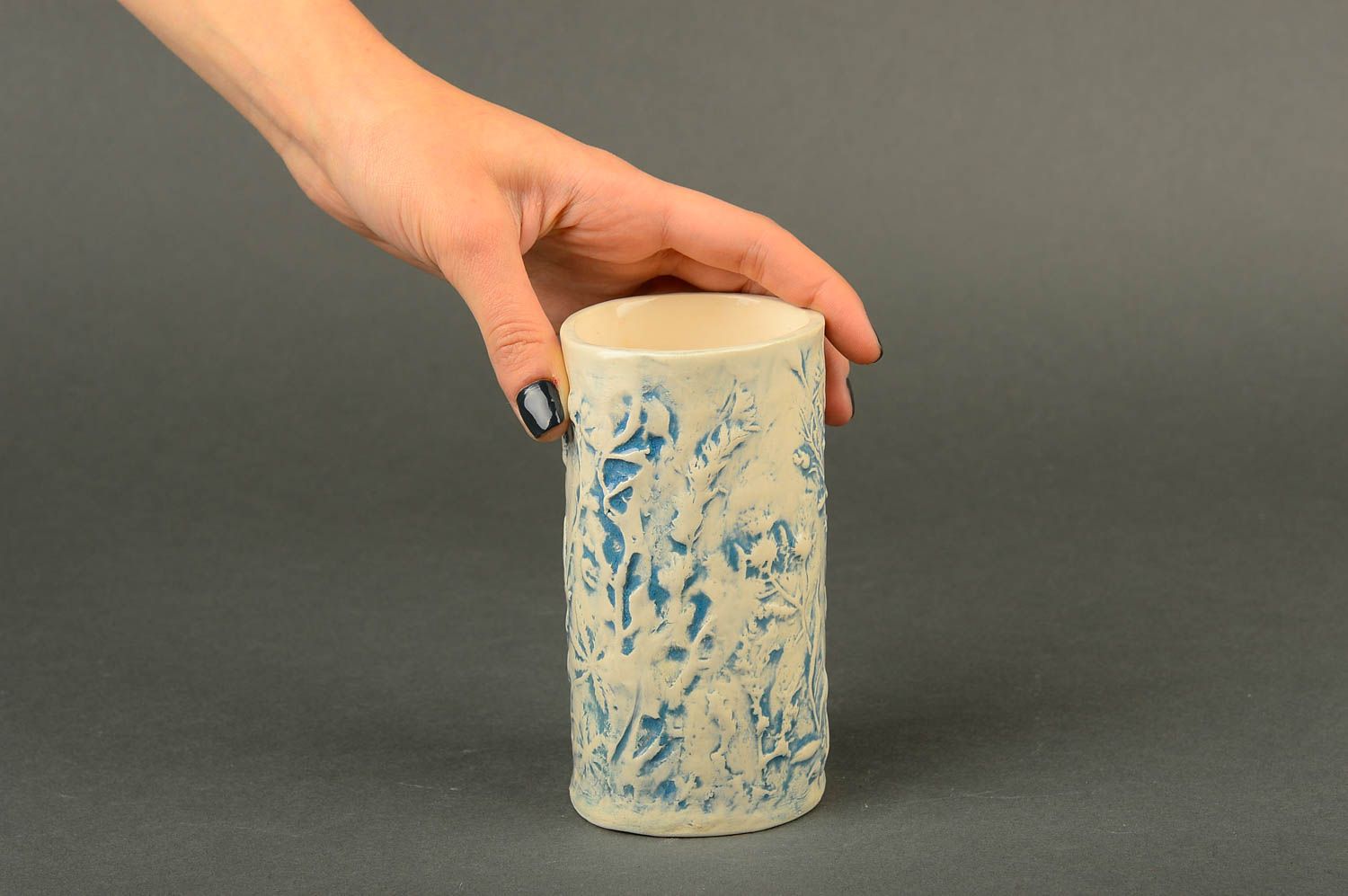 Milk ceramic handmade mug in white and blue color with floral pattern 0,54 lb photo 2