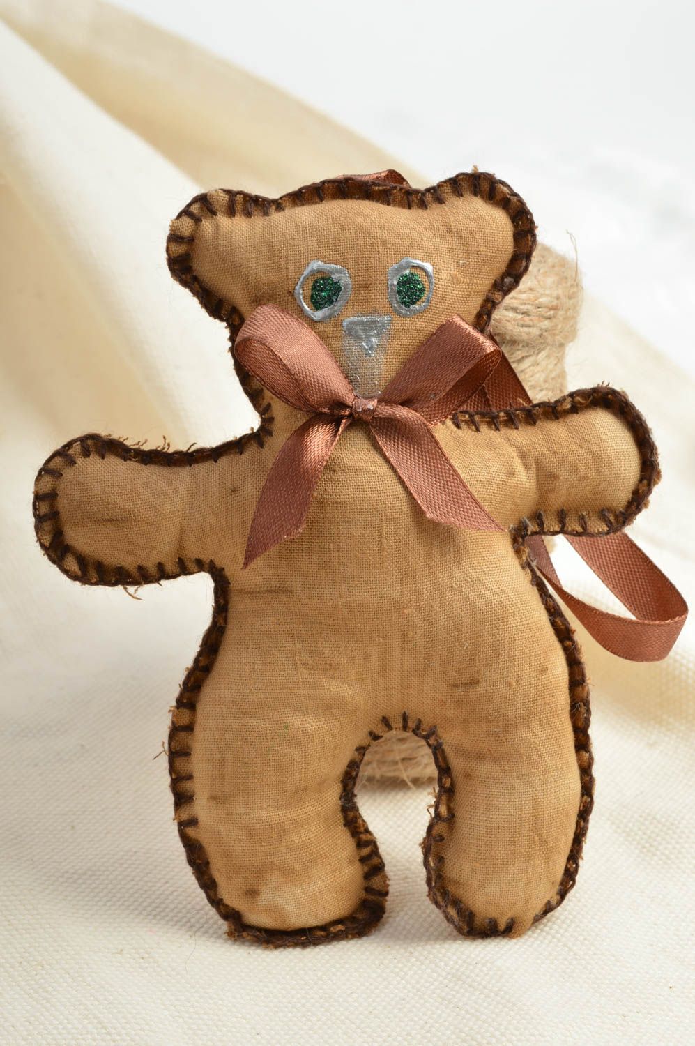 Handmade decorative fabric wall hanging soft toy brown bear with satin ribbon photo 1
